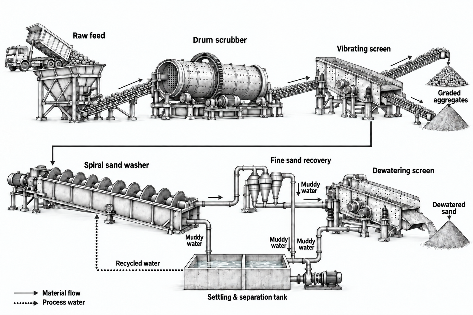 Clay-rich aggregate washing line process illustration