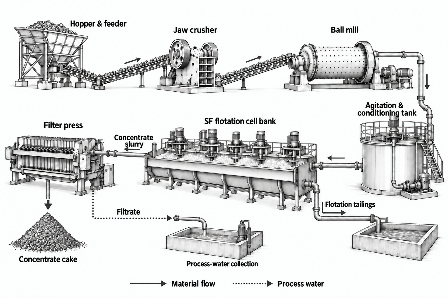 Flotation beneficiation line process illustration