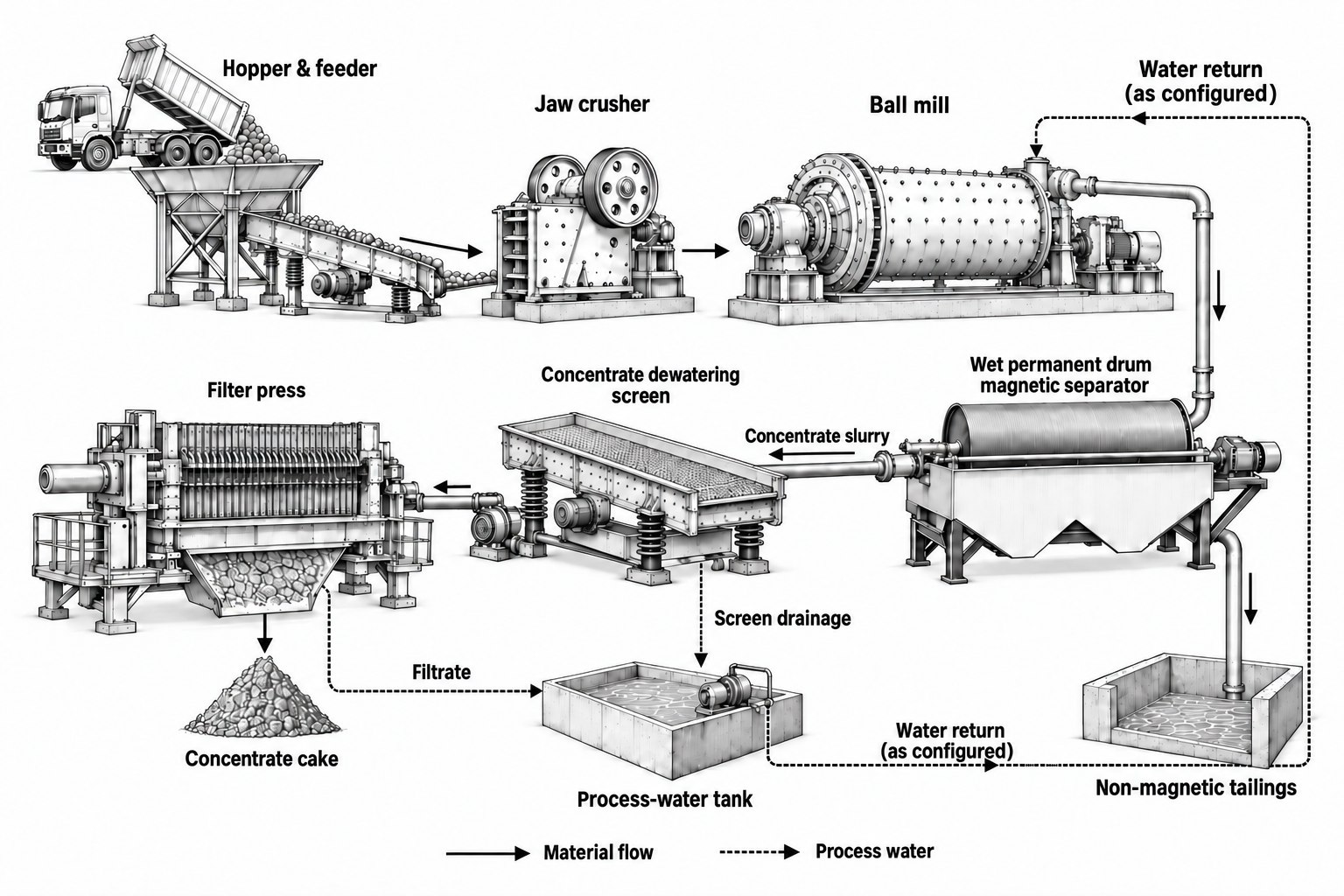 Iron-ore magnetic separation line process illustration