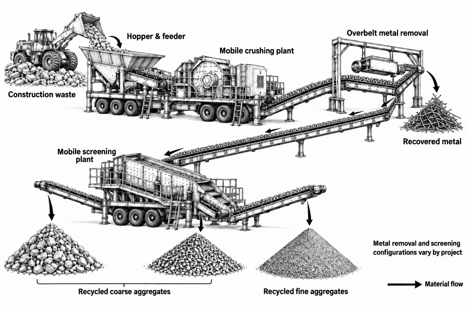 Mobile construction-waste recycling line process illustration
