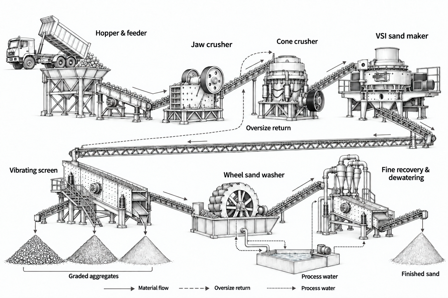Wet sand-making line: line drawing of equipment, conveying and material flow